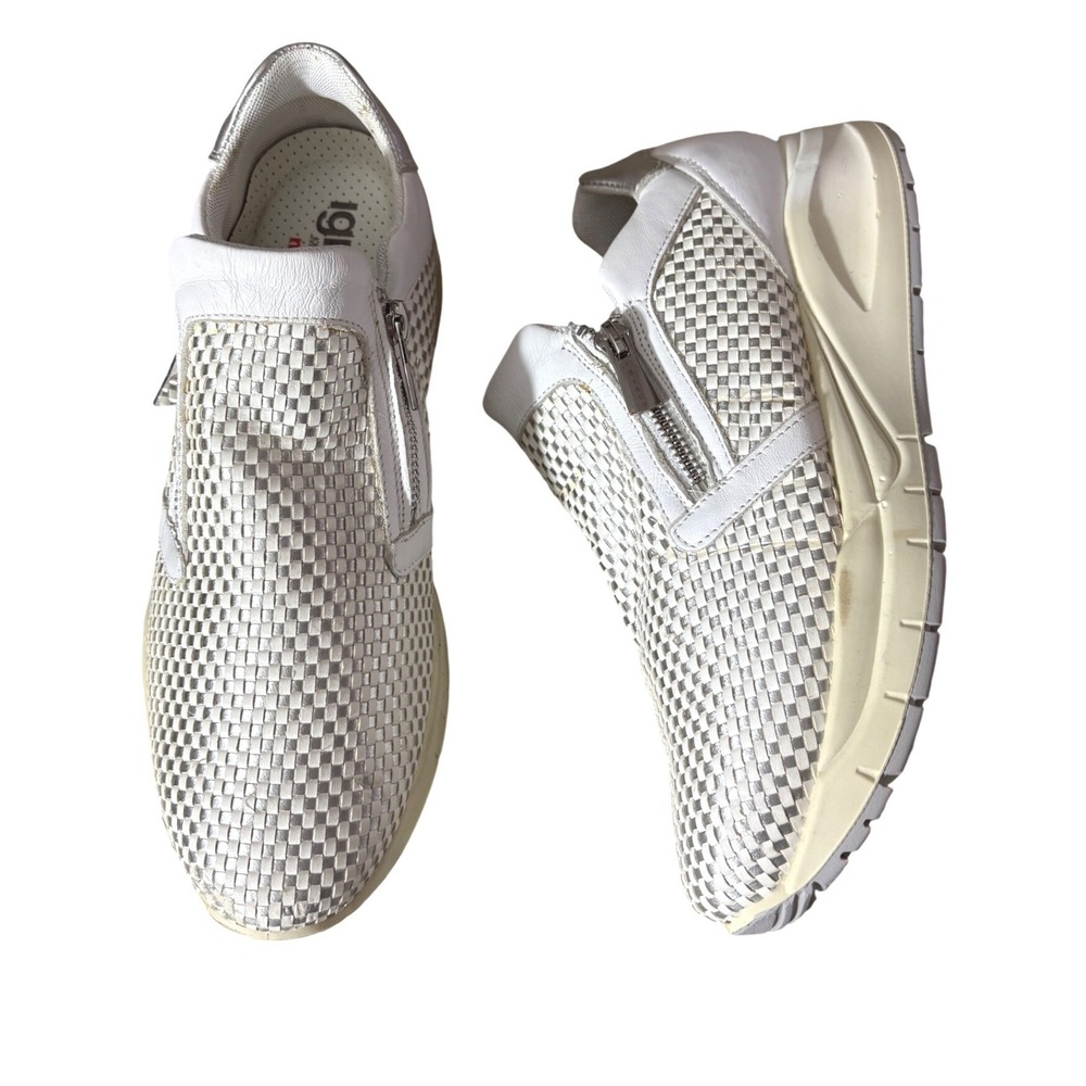 Igi&Co Woven Leather White Metallic Comfort Sneakers‎ Italy sz 9